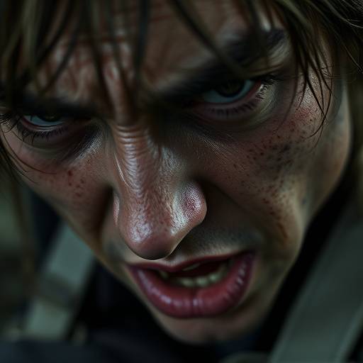 A close-up of a character's expressive face, conveying fear and desperation