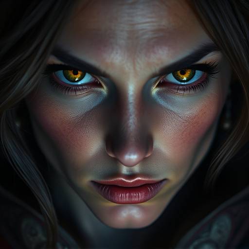 A close-up portrait of Astra's determined face with glowing eyes