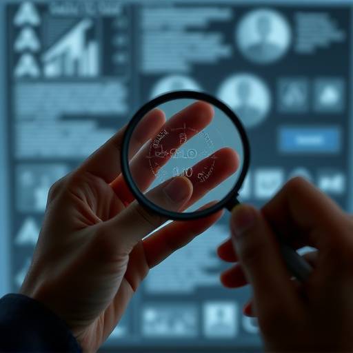 A hand holding a magnifying glass inspecting a computer screen for accessibility issues.