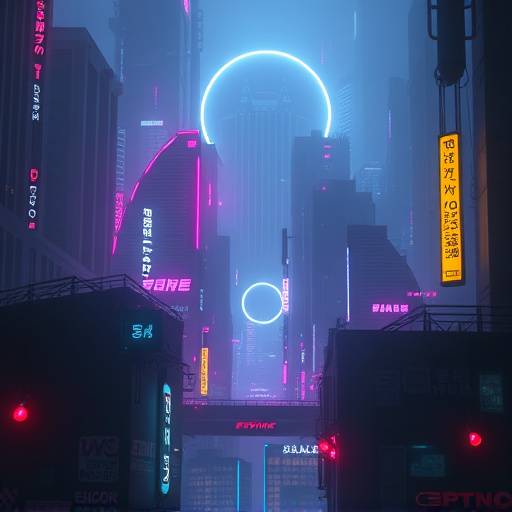 Concept art of 'Echo Prime', a cyberpunk dystopia controlled by AI.