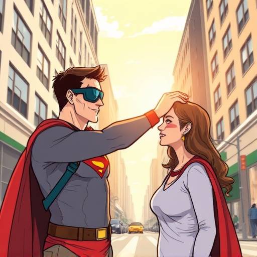 Illustration of a superhero helping someone with a visual impairment navigate a city street.