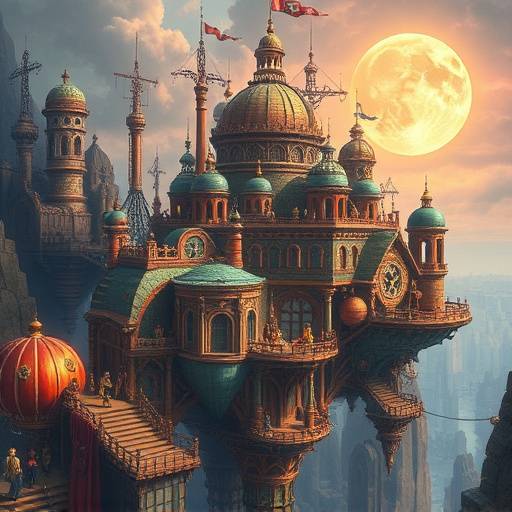 Illustration of 'Aetheria', a vibrant floating city in a steampunk universe.