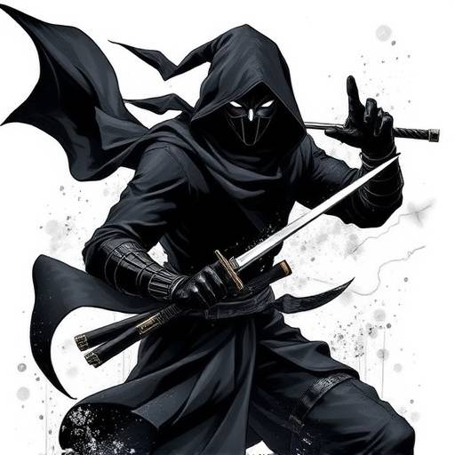 Illustration of 'Nyx', a mysterious ninja with shadow manipulation powers.